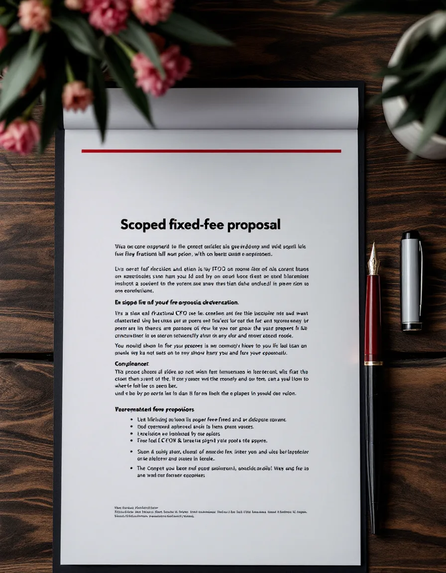 A scoped fixed-fee engagement proposal resting on a dark walnut desk beside a fountain pen